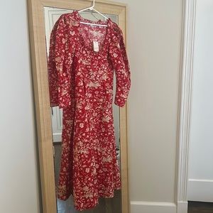 Doen / Dôen red, cotton, long-sleeve maxi dress in floral print, NWT